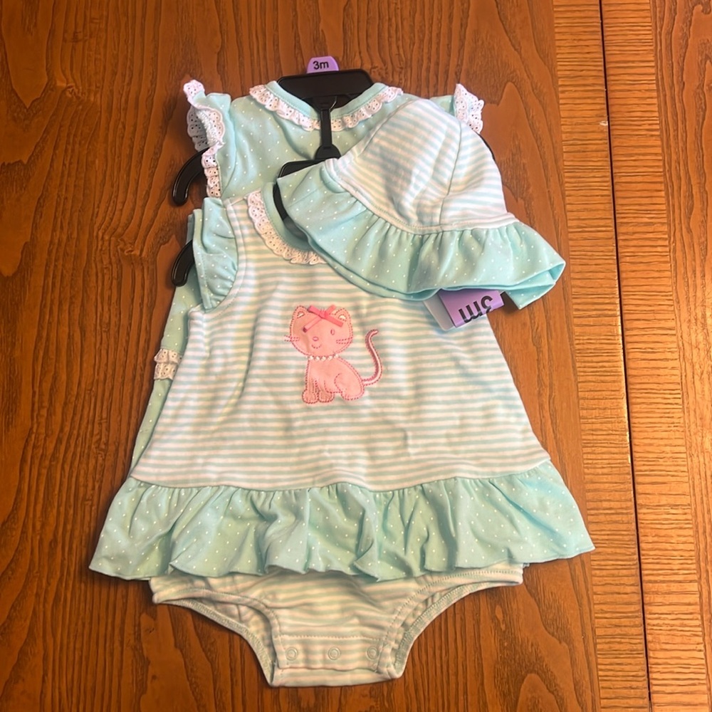 Little Me mint Green cutie spring one piece outfits pink kitty club 3m
